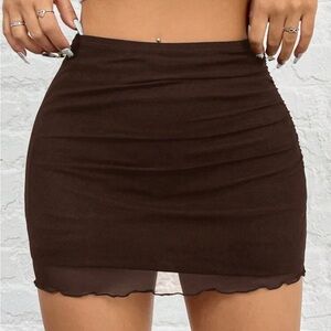 Brown Ruched Lettuce Trim Pull On Mini Skirt